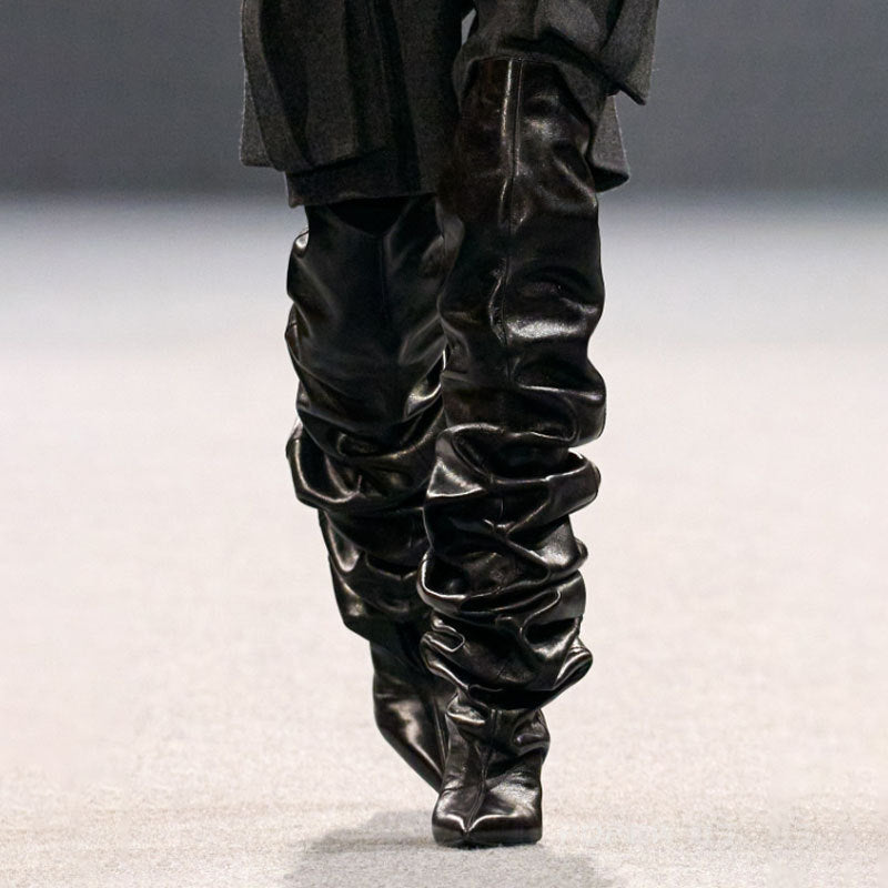 Catwalk Pleated Over-the-knee Boots Female Pointed Toe Wedge High-heel Boots - IVOIRART.COM