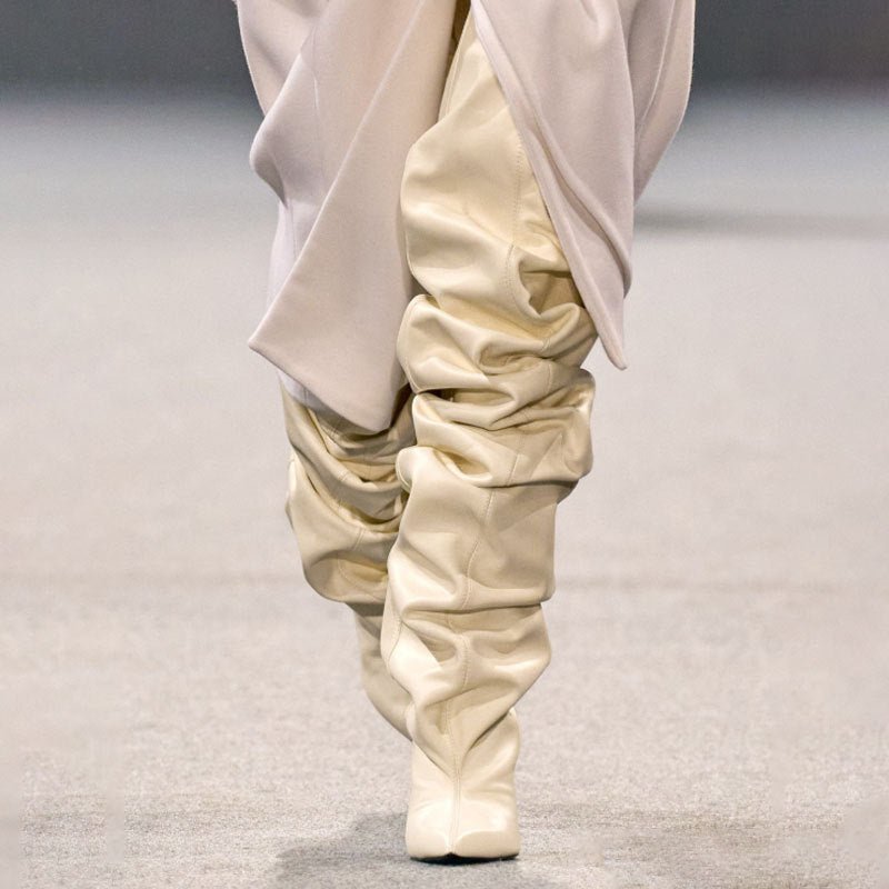 Catwalk Pleated Over-the-knee Boots Female Pointed Toe Wedge High-heel Boots - IVOIRART.COM