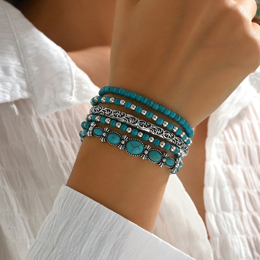 Ensemble de bracelets à perles et nœud — turquoise vintage, lot de 5