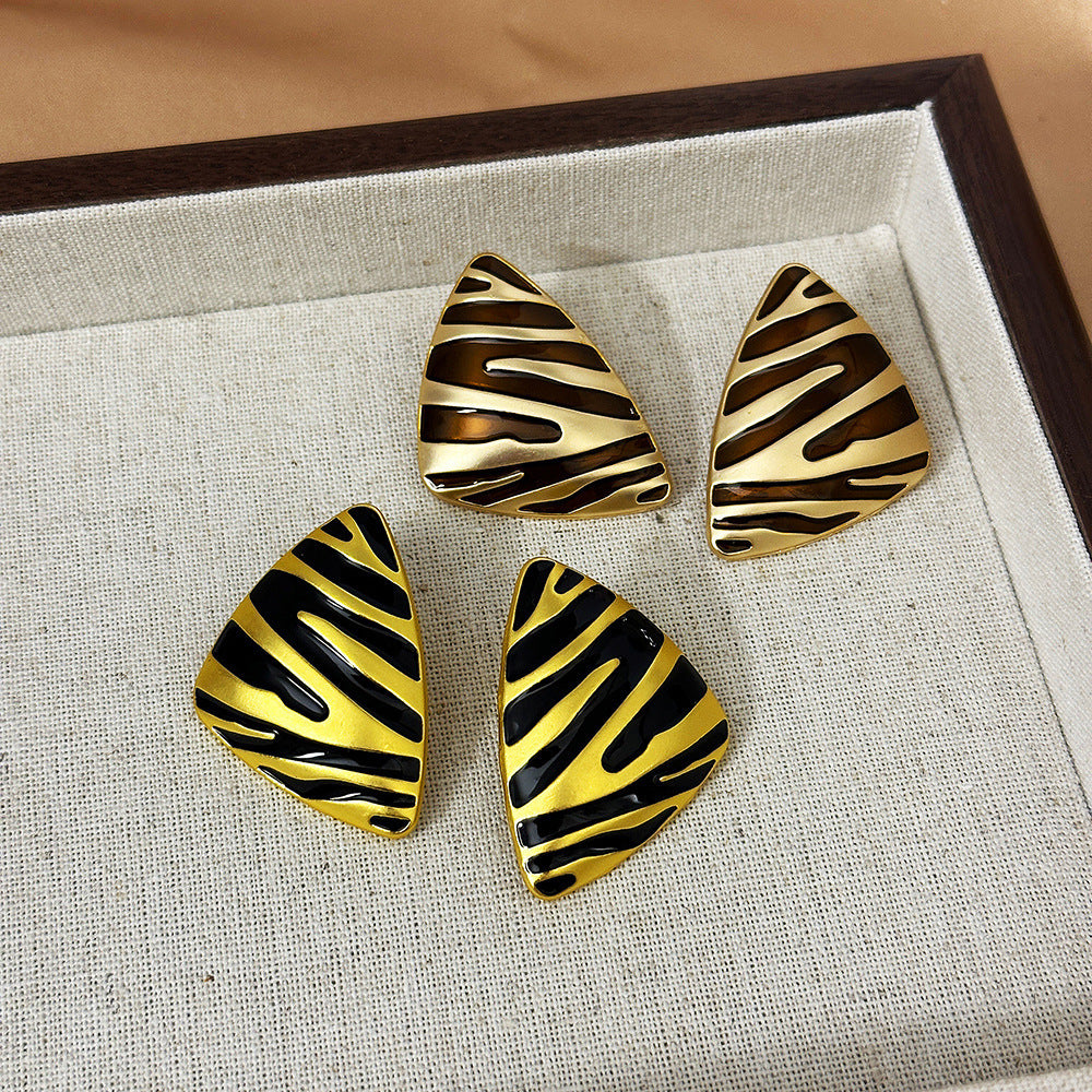 Boucles d'oreilles Vintage Triangle Huile Goutte Argent Aiguille Motif Zebra