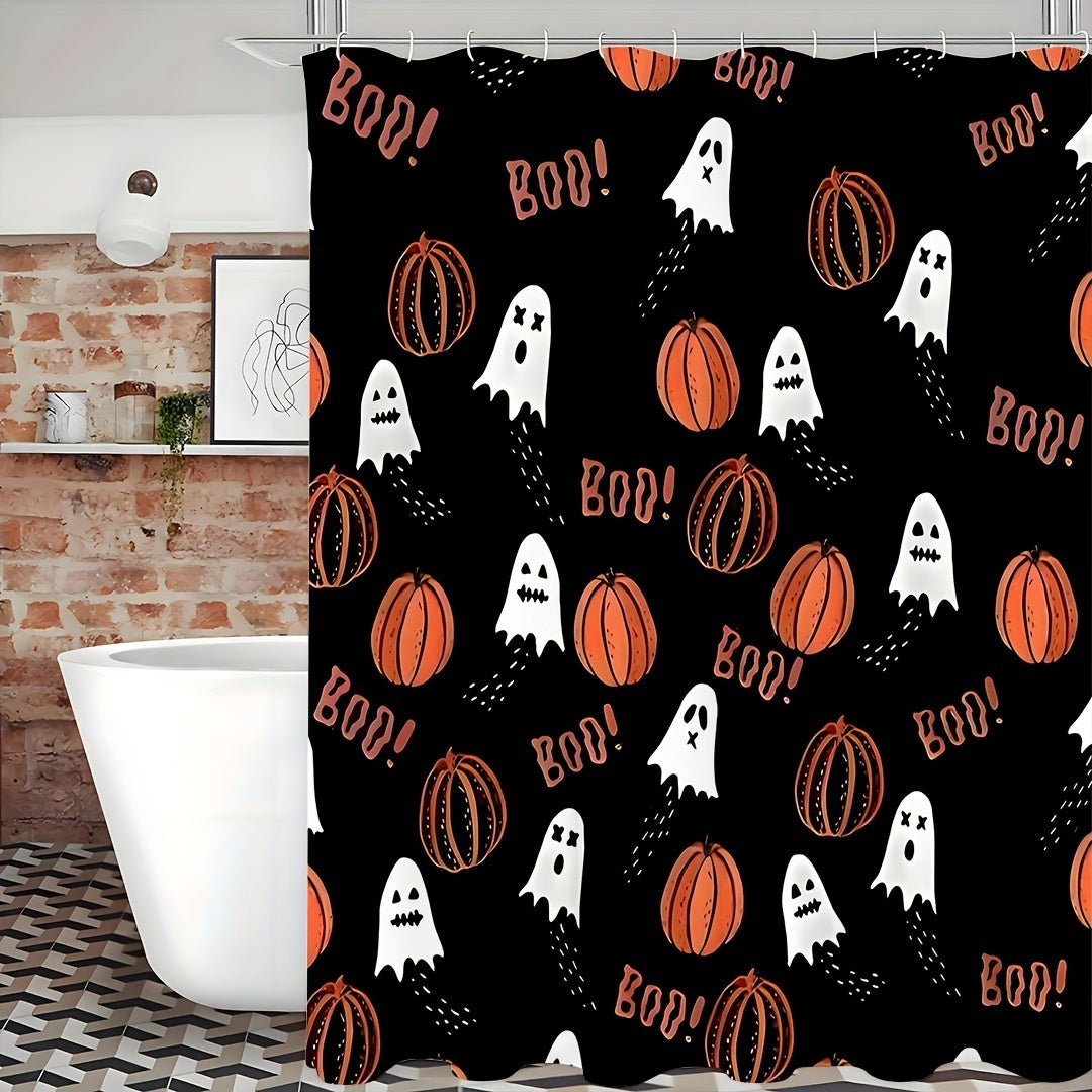 1 PIÈCE Ensemble de rideaux de douche imprimé Citrouille Cartoon Halloween, Rideau de douche étanche avec crochets, Décor de salle de bains, Ensemble de rideaux de douche pour salles de bains
