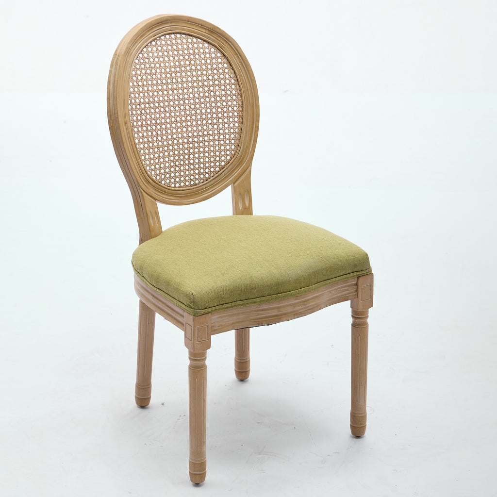 A&A Furniture, Chaise de salle à manger style français Cadre en bois massif Peinture antique Tissu en lin Dossier en rotin, Lot de 2, Olive-Vert