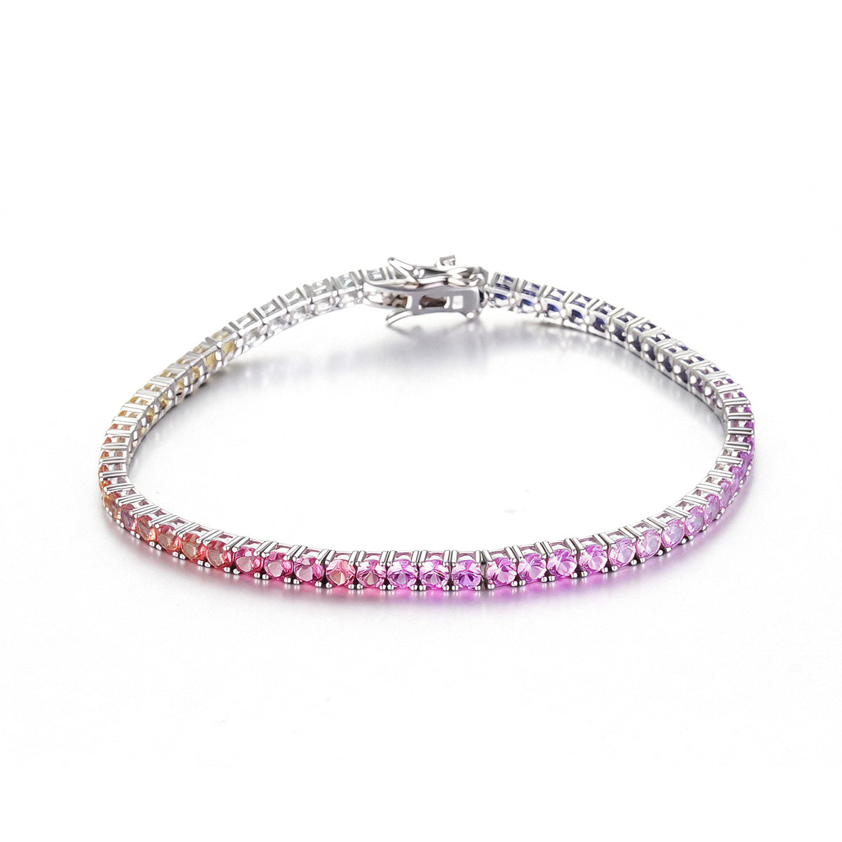 Bracelet Tennis Femme en Argent Sterling S925 3mm Pierres Arc-en-Ciel Synthétiques, Plaqué Platine, 5,9g avec Coffret Cadeau