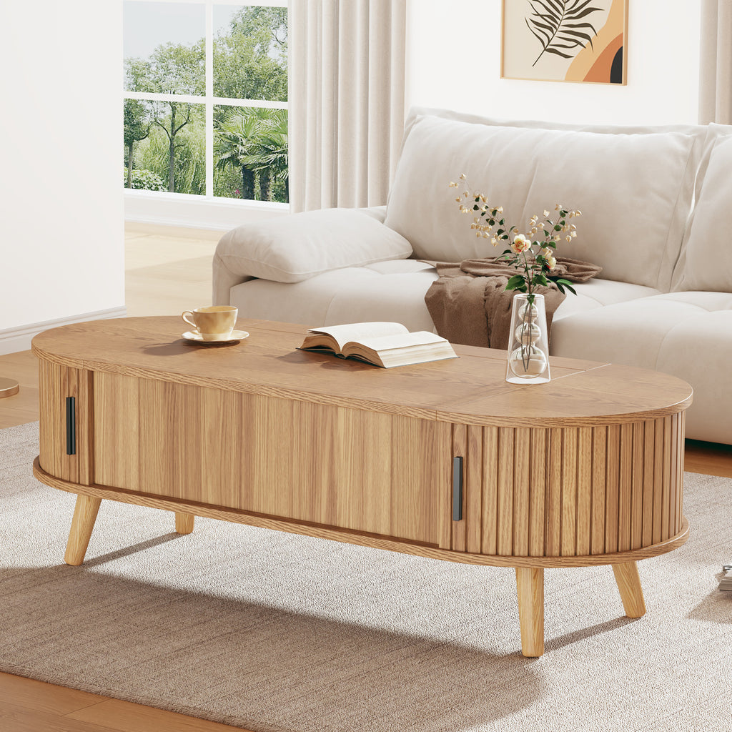 Table basse ovale relevable avec rangement dissimulé, table centrale, table d'appoint relevable pour canapé, table d'appoint gain de place pour salon, chambre, réception, table à thé, 120 x 50 x 39,5 cm, bois naturel