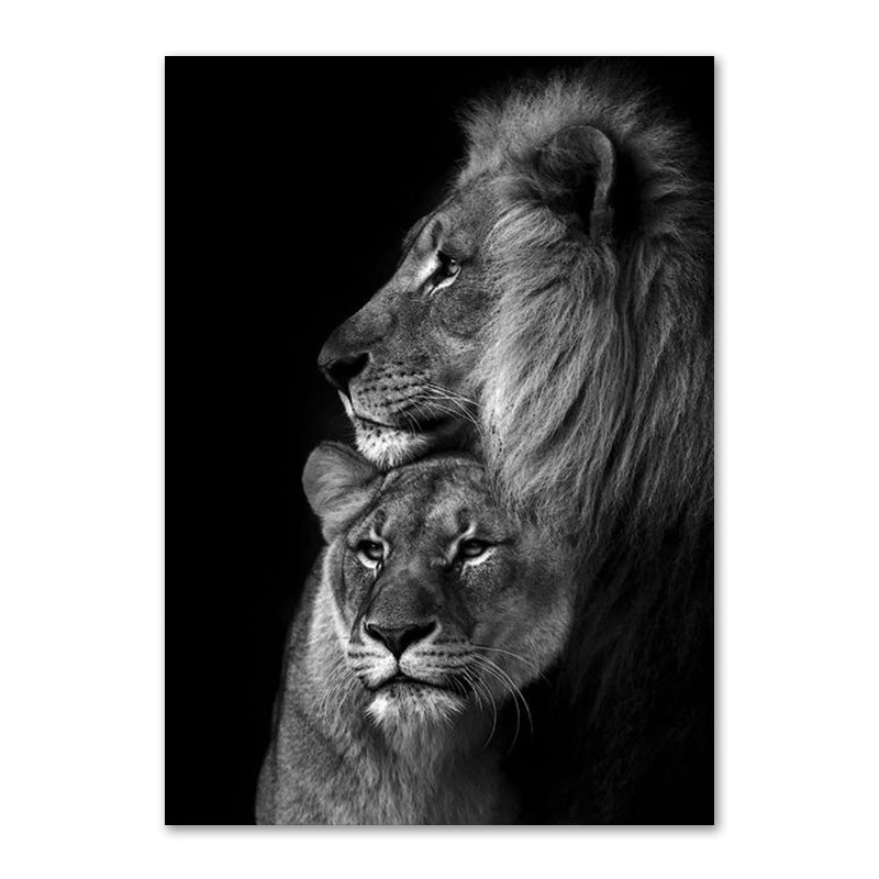 Affiche de Famille de Lions Noir et Blanc Impression sur Toile
