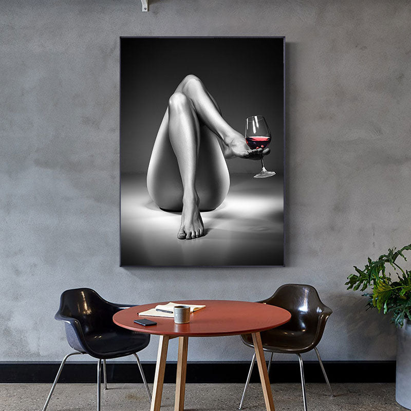 Peinture sur toile Femme Verre à Vin Noir Blanc