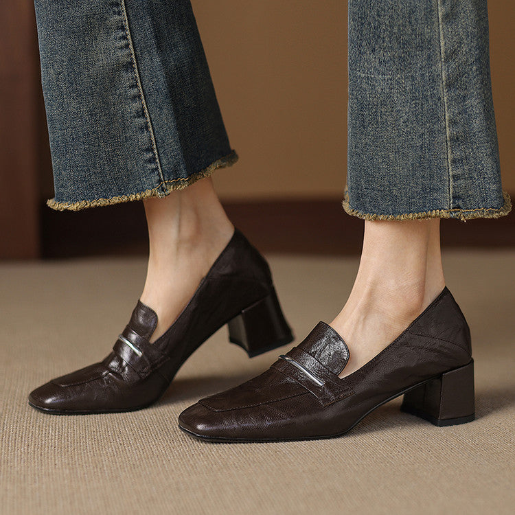 Chaussures à talons carrés en peau de mouton pour femmes, couleur unie, talon épais
