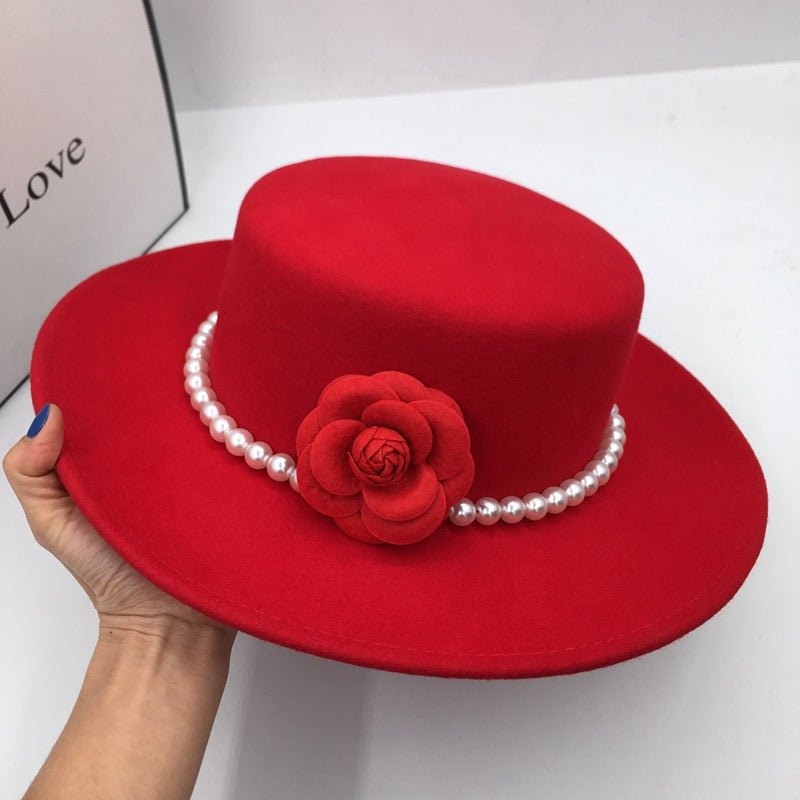 Chapeau en laine tweed rouge à large bord, perles & fleurs, plat, élégant S-M - IVOIRART.COM