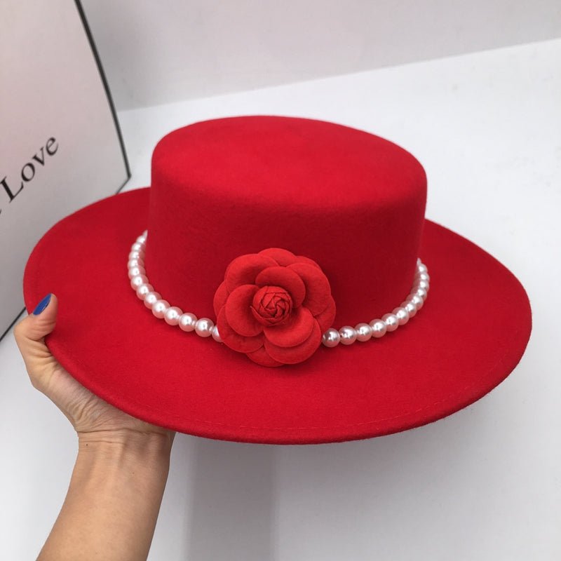 Chapeau en laine tweed rouge à large bord, perles & fleurs, plat, élégant S-M - IVOIRART.COM