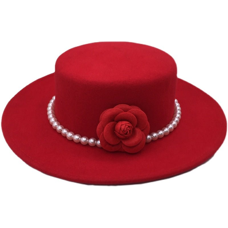 Chapeau en laine tweed rouge à large bord, perles & fleurs, plat, élégant S-M - IVOIRART.COM