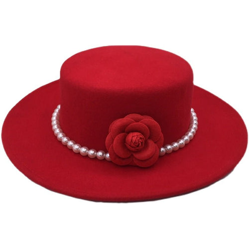 Chapeau en laine tweed rouge à large bord, perles & fleurs, plat, élégant S-M - IVOIRART.COM