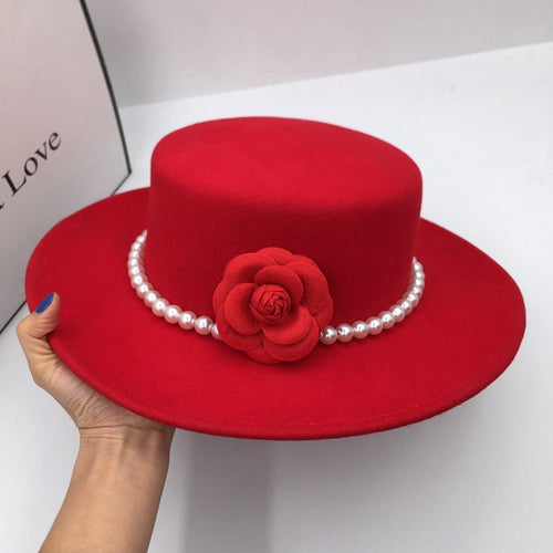 Chapeau en laine tweed rouge à large bord, perles & fleurs, plat, élégant S-M - IVOIRART.COM