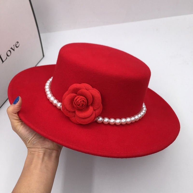 Chapeau en laine tweed rouge à large bord, perles & fleurs, plat, élégant S-M - IVOIRART.COM
