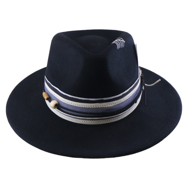 Chapeau jazz en feutre de laine, bord plat, plumes — Tour de tête: L (58–60 cm). - IVOIRART.COM