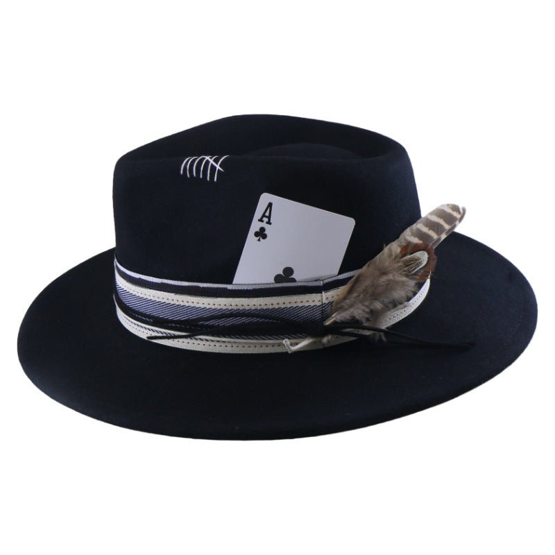 Chapeau jazz en feutre de laine, bord plat, plumes — Tour de tête: L (58–60 cm). - IVOIRART.COM