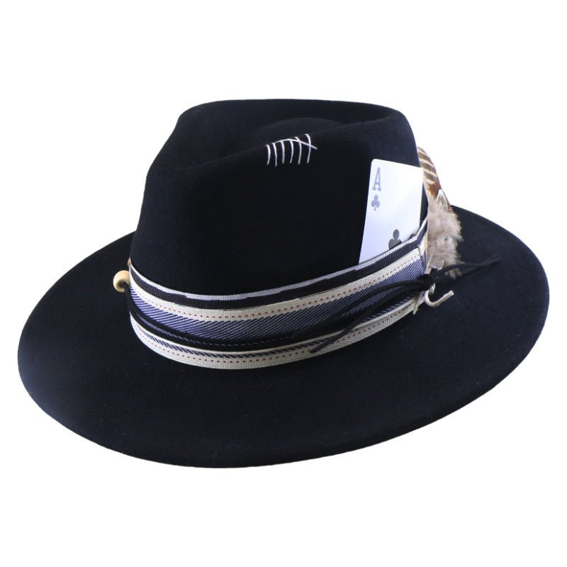 Chapeau jazz en feutre de laine, bord plat, plumes — Tour de tête: L (58–60 cm). - IVOIRART.COM