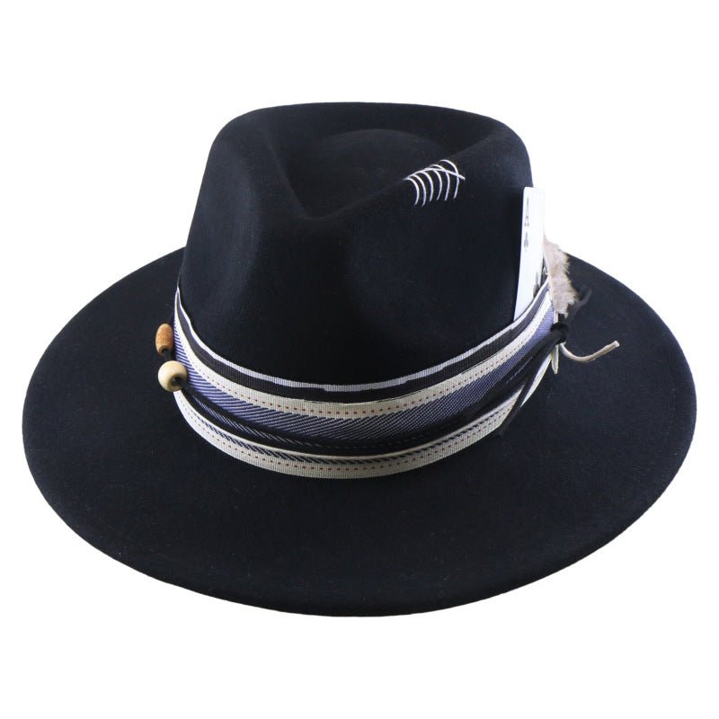 Chapeau jazz en feutre de laine, bord plat, plumes — Tour de tête: L (58–60 cm). - IVOIRART.COM