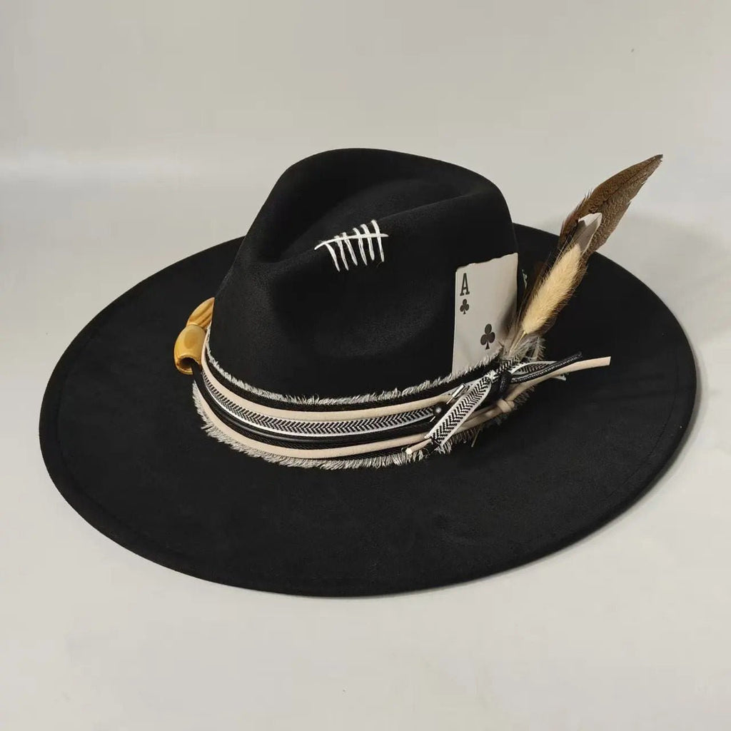 Chapeau jazz en feutre de laine, bord plat, plumes — Tour de tête: L (58–60 cm). - IVOIRART.COM