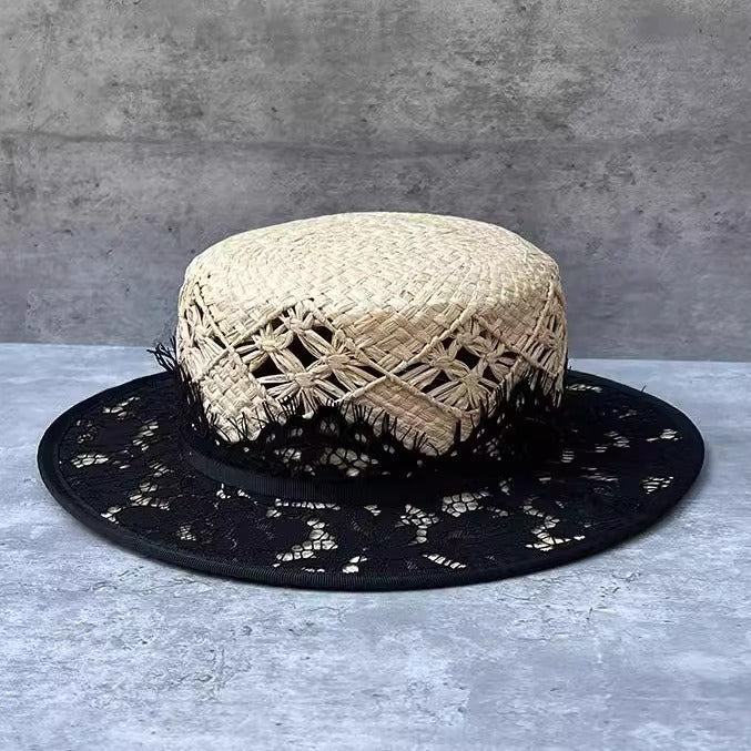 Chapeau paille raffia tressé plat, dentelle vintage, protection solaire femme M. - IVOIRART.COM