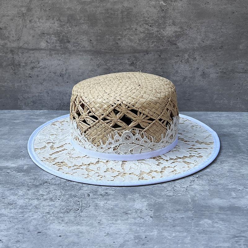 Chapeau paille raffia tressé plat, dentelle vintage, protection solaire femme M. - IVOIRART.COM
