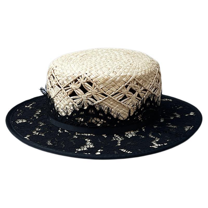 Chapeau paille raffia tressé plat, dentelle vintage, protection solaire femme M. - IVOIRART.COM