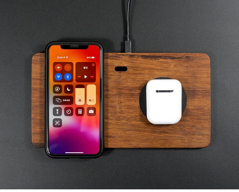 Chargeur sans fil double pour casque et téléphone mobile – design bois élégant - IVOIRART.COM