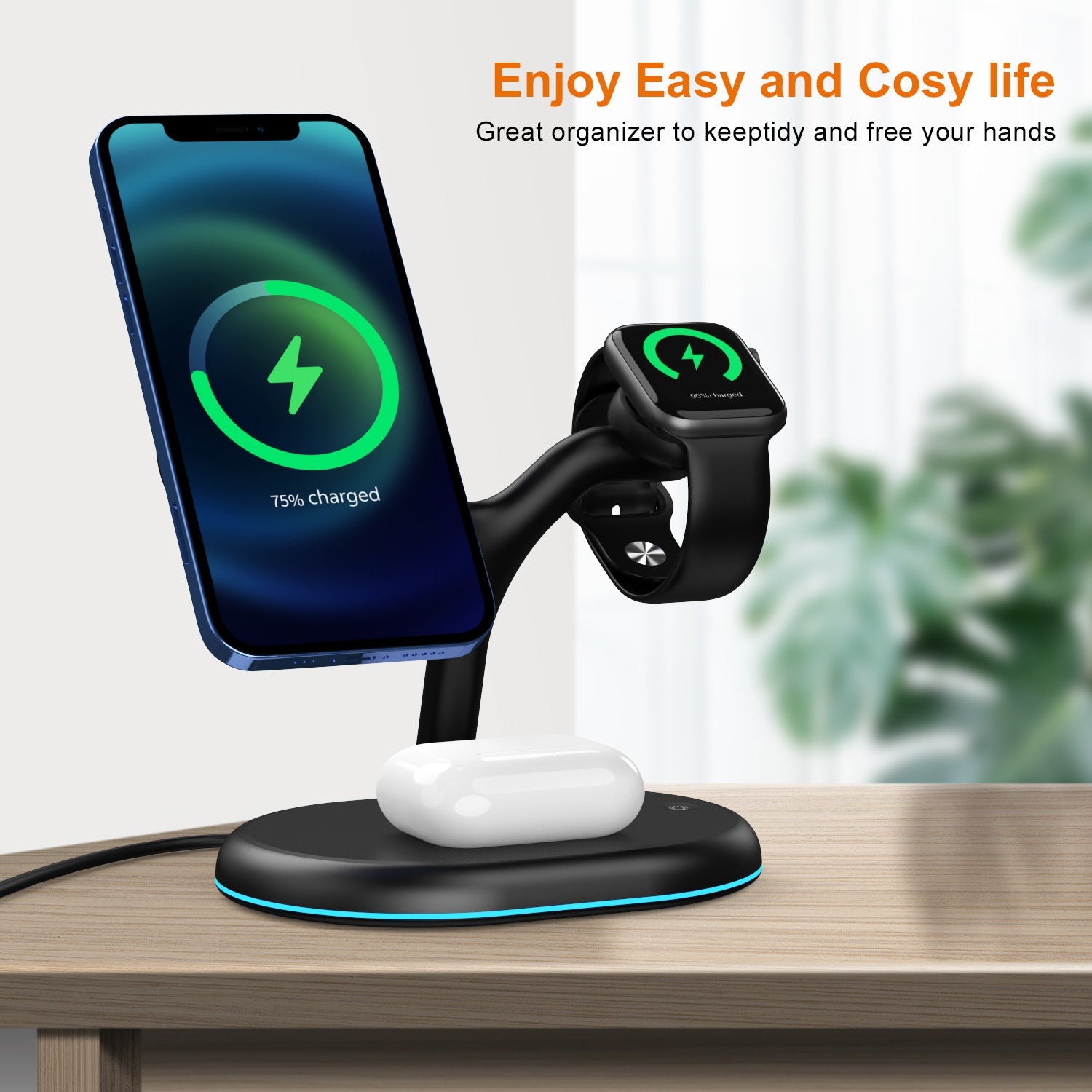 Chargeur sans fil magnétique multifonction trois en un élégant et pratique noir - IVOIRART.COM