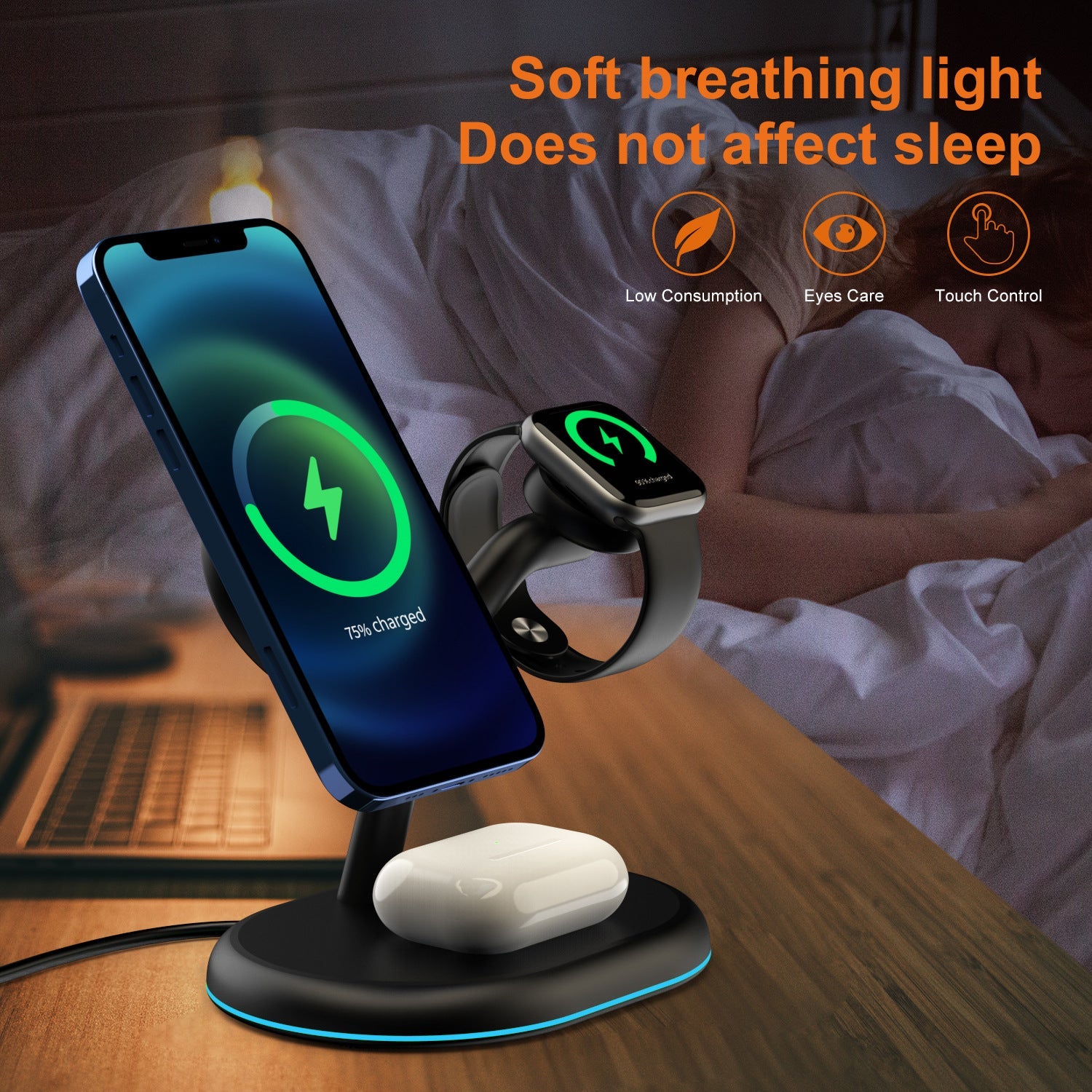 Chargeur sans fil magnétique multifonction trois en un élégant et pratique noir - IVOIRART.COM