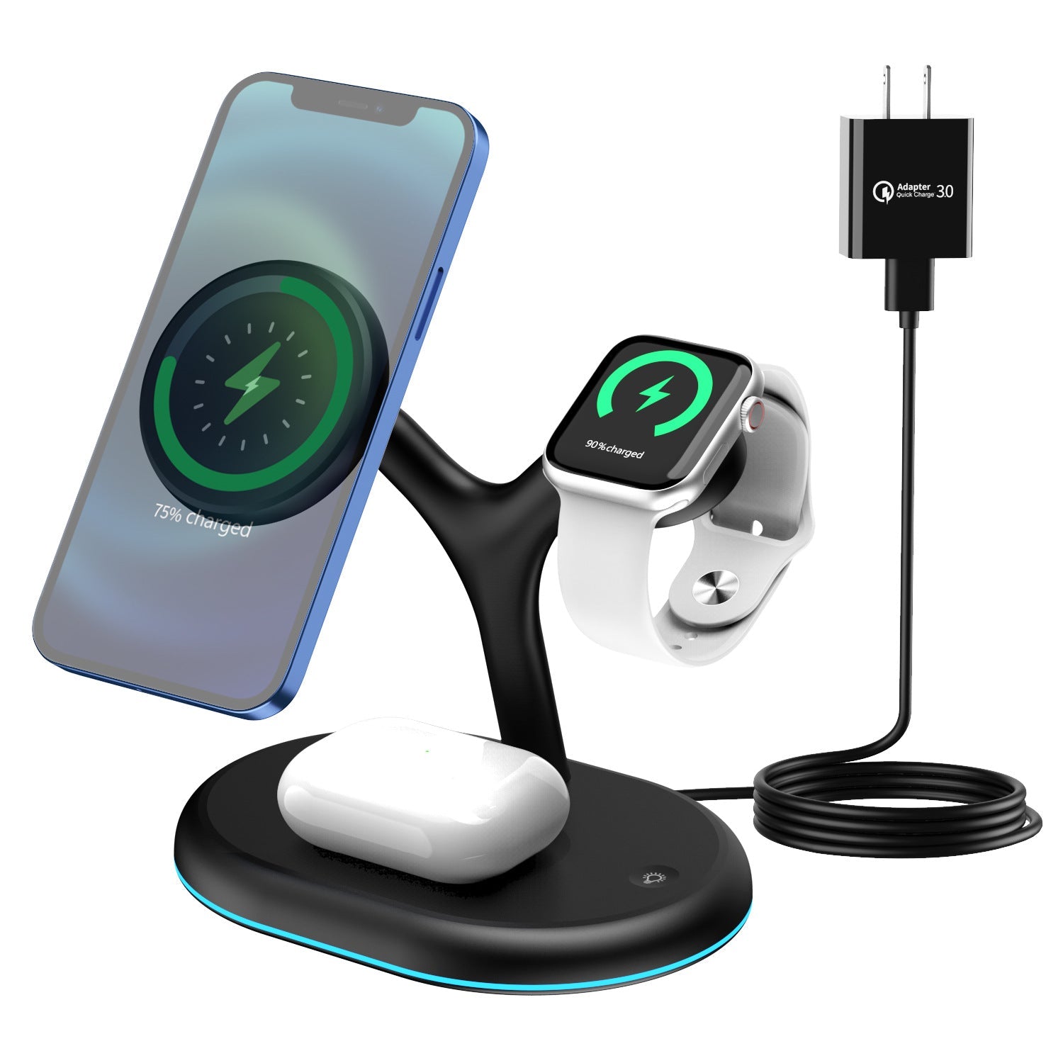Chargeur sans fil magnétique multifonction trois en un élégant et pratique noir - IVOIRART.COM