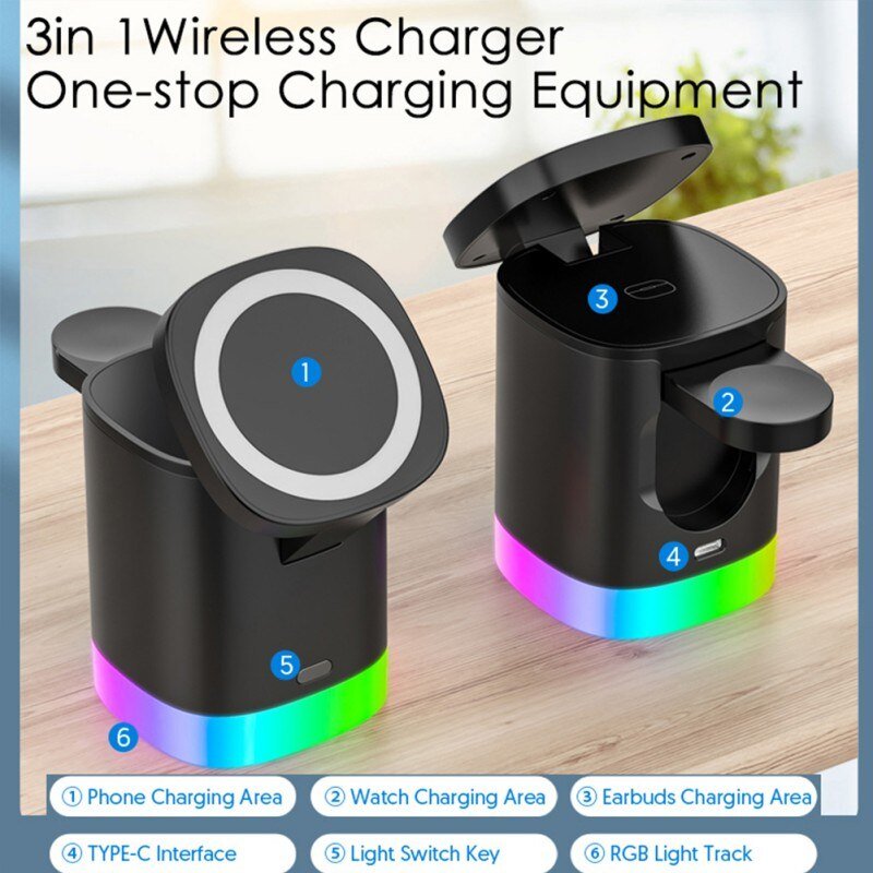Chargeur Sans Fil Rapide 3 en 1 Magnétique avec Lumière Ambiante RGB pour Smartphone, Airpods et IWatch - IVOIRART.COM