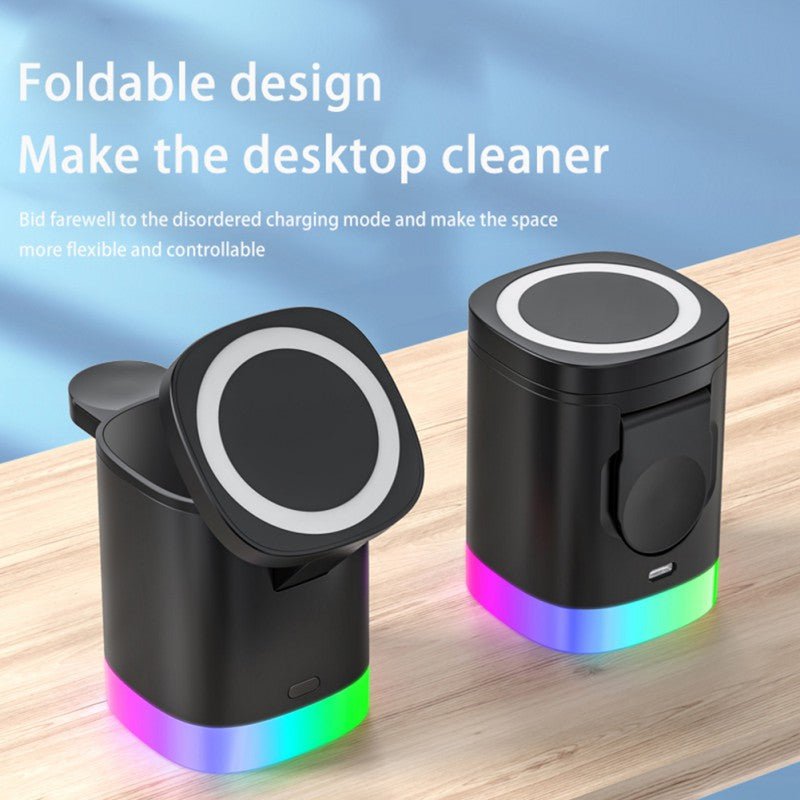 Chargeur Sans Fil Rapide 3 en 1 Magnétique avec Lumière Ambiante RGB pour Smartphone, Airpods et IWatch - IVOIRART.COM