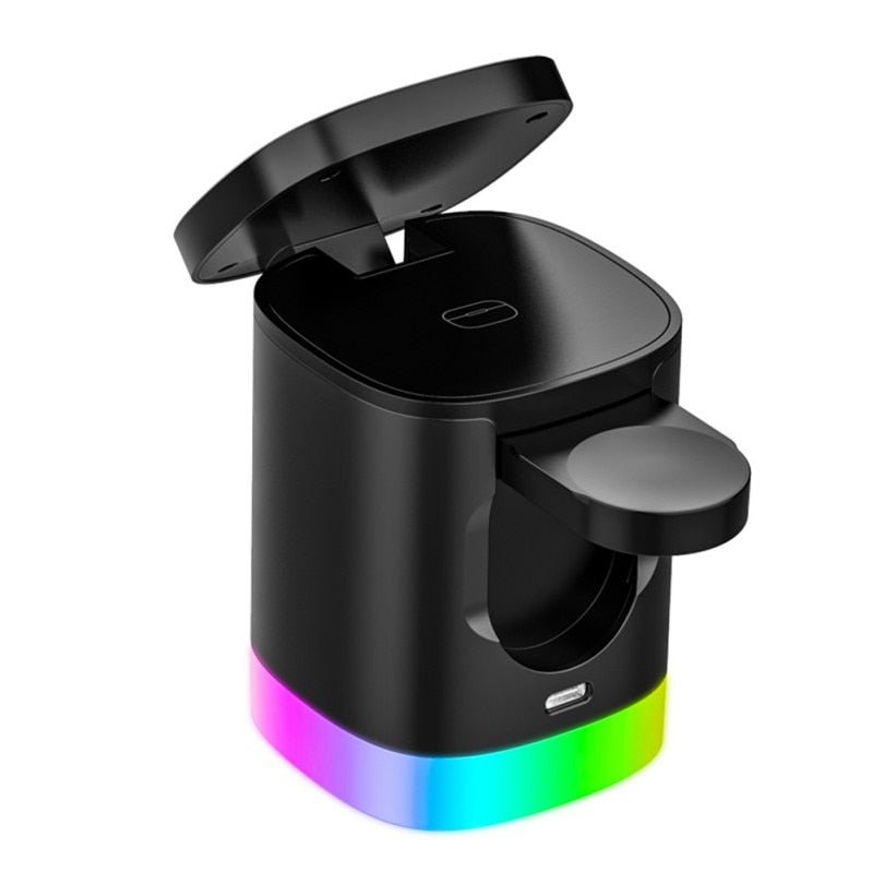 Chargeur Sans Fil Rapide 3 en 1 Magnétique avec Lumière Ambiante RGB pour Smartphone, Airpods et IWatch - IVOIRART.COM