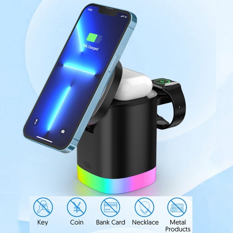 Chargeur Sans Fil Rapide 3 en 1 Magnétique avec Lumière Ambiante RGB pour Smartphone, Airpods et IWatch - IVOIRART.COM