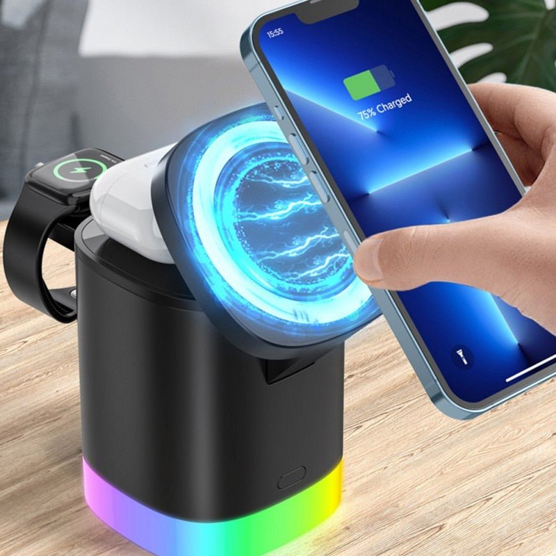 Chargeur Sans Fil Rapide 3 en 1 Magnétique avec Lumière Ambiante RGB pour Smartphone, Airpods et IWatch - IVOIRART.COM