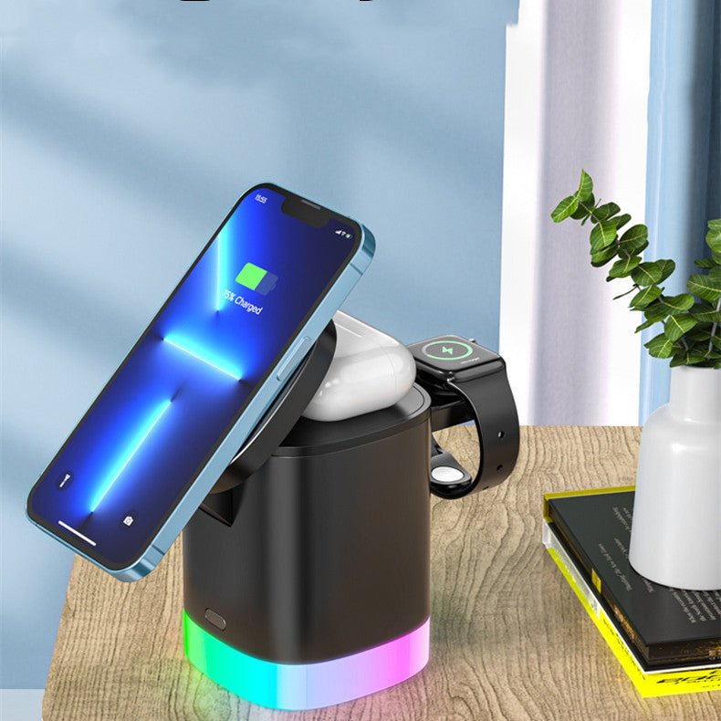 Chargeur Sans Fil Rapide 3 en 1 Magnétique avec Lumière Ambiante RGB pour Smartphone, Airpods et IWatch - IVOIRART.COM