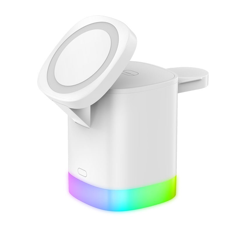 Chargeur Sans Fil Rapide 3 en 1 Magnétique avec Lumière Ambiante RGB pour Smartphone, Airpods et IWatch - IVOIRART.COM