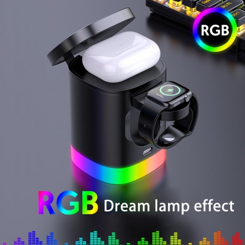 Chargeur Sans Fil Rapide 3 en 1 Magnétique avec Lumière Ambiante RGB pour Smartphone, Airpods et IWatch - IVOIRART.COM