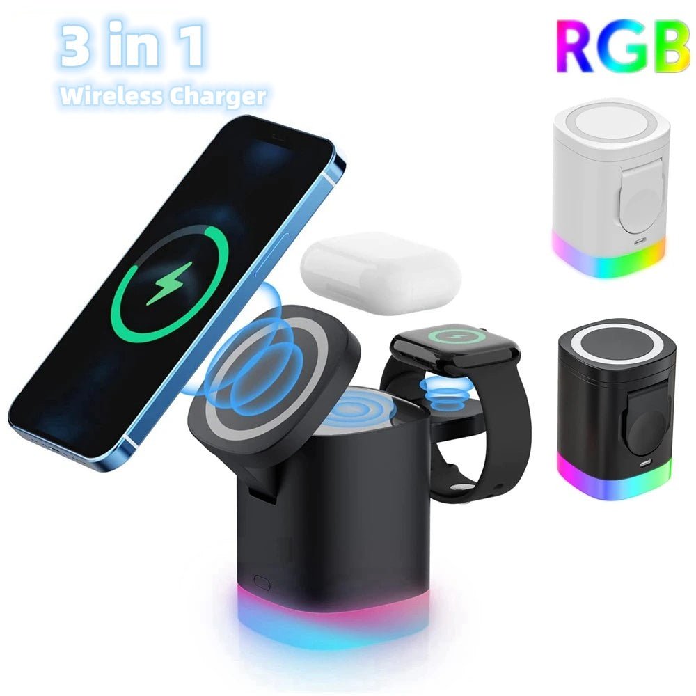 Chargeur Sans Fil Rapide 3 en 1 Magnétique avec Lumière Ambiante RGB pour Smartphone, Airpods et IWatch - IVOIRART.COM