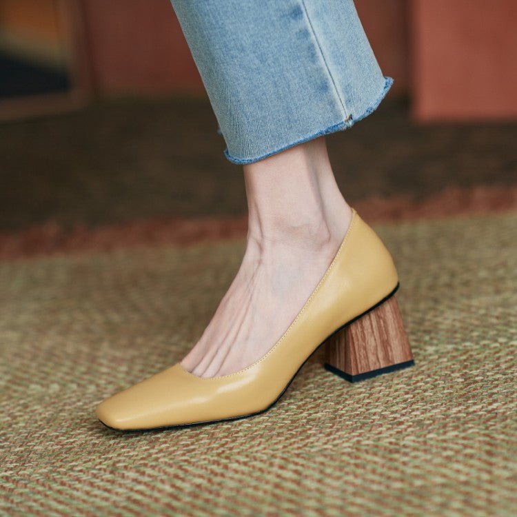 Chaussures à talons hauts avec bout carré et talon épais en cuir de vache - IVOIRART.COM