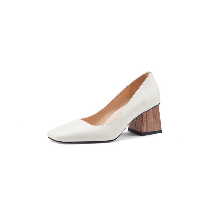 Chaussures à talons hauts avec bout carré et talon épais en cuir de vache - IVOIRART.COM