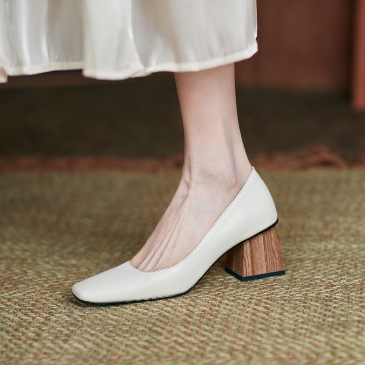 Chaussures à talons hauts avec bout carré et talon épais en cuir de vache - IVOIRART.COM