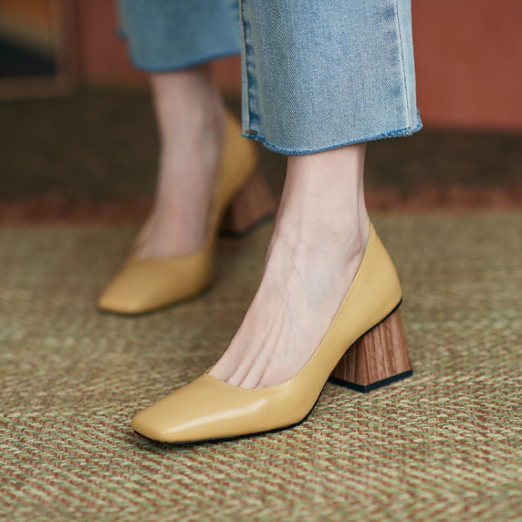 Chaussures à talons hauts avec bout carré et talon épais en cuir de vache - IVOIRART.COM