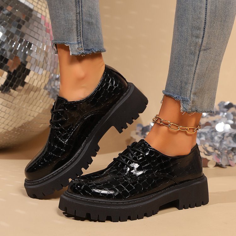 Chaussures compensées en cuir à semelle épaisse, bout rond, lacets, talon carré - IVOIRART.COM