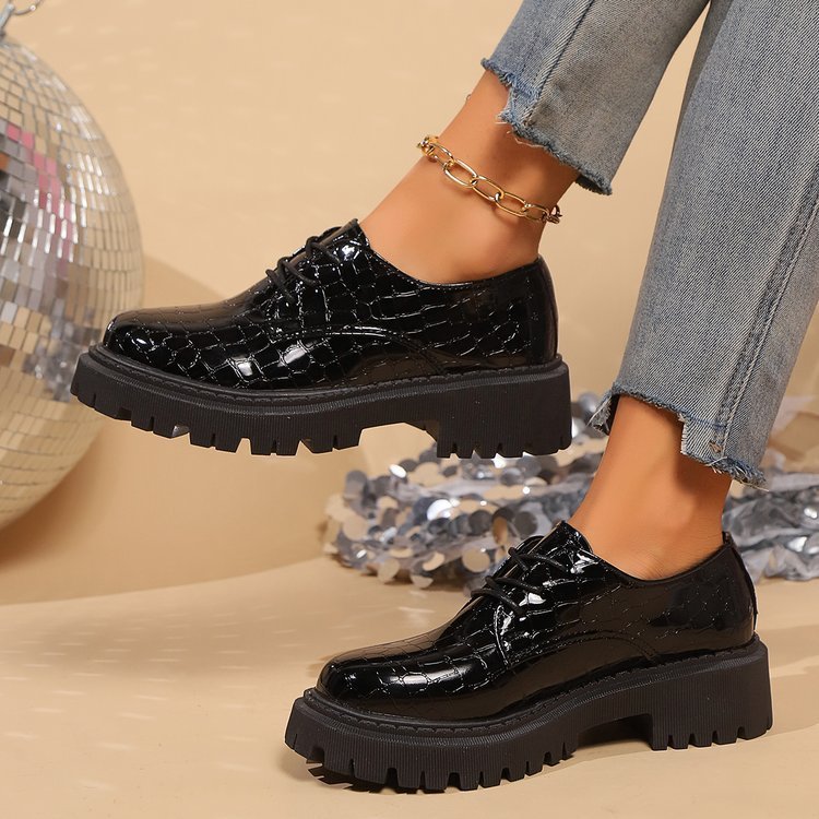 Chaussures compensées en cuir à semelle épaisse, bout rond, lacets, talon carré - IVOIRART.COM