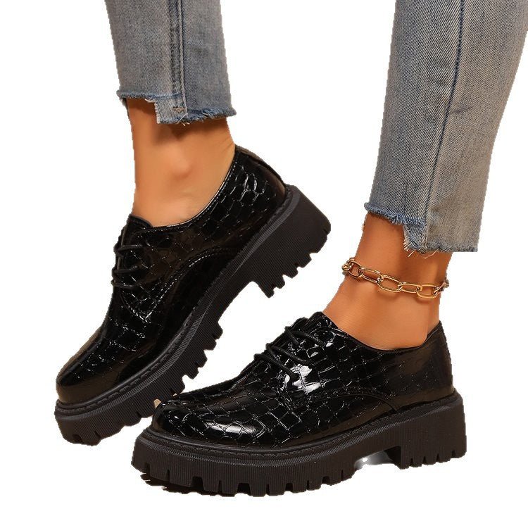 Chaussures compensées en cuir à semelle épaisse, bout rond, lacets, talon carré - IVOIRART.COM
