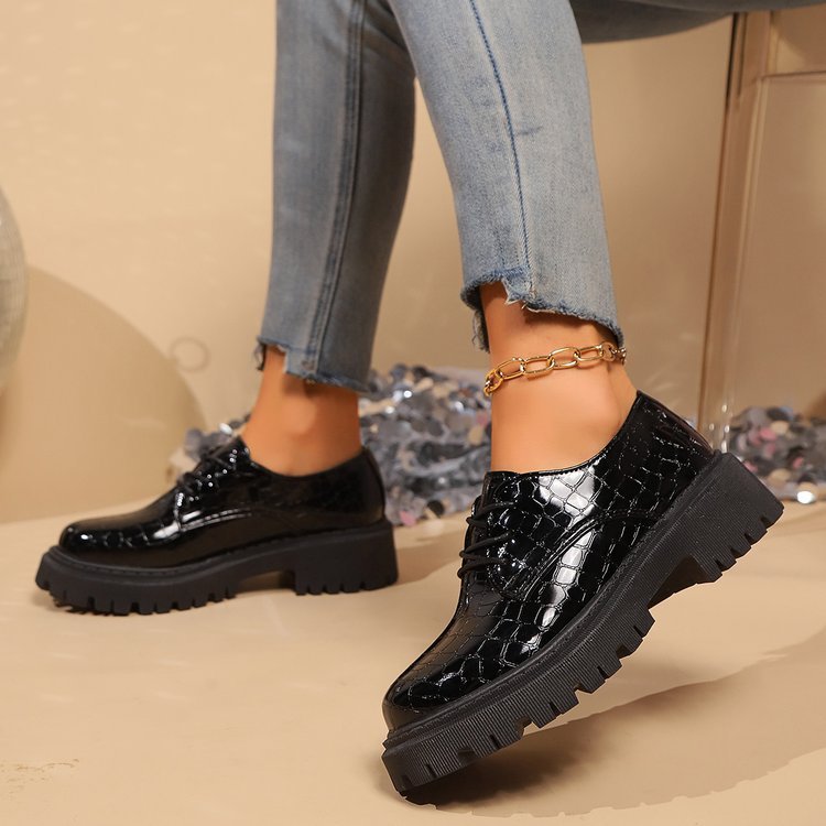 Chaussures compensées en cuir à semelle épaisse, bout rond, lacets, talon carré - IVOIRART.COM