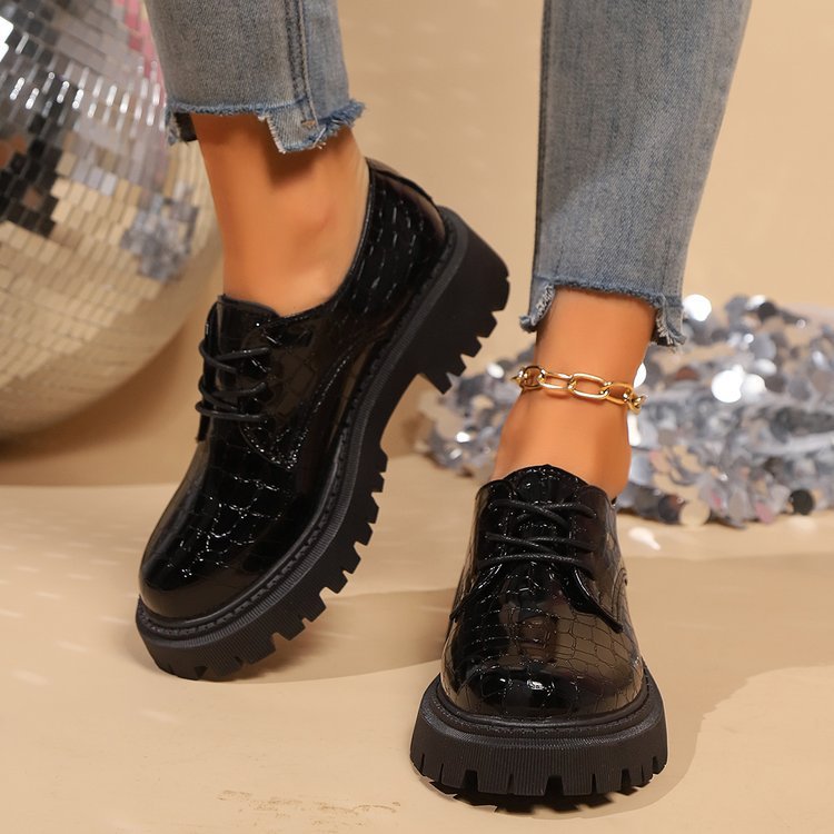 Chaussures compensées en cuir à semelle épaisse, bout rond, lacets, talon carré - IVOIRART.COM