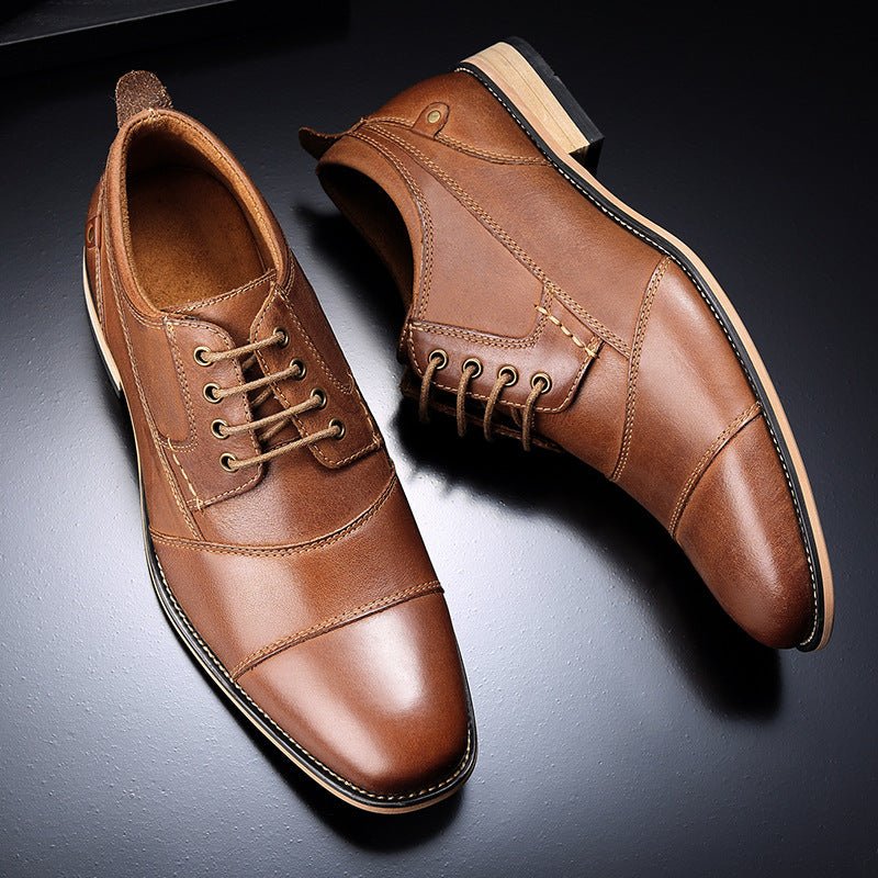 Chaussures décontractées en cuir à lacets — semelle en caoutchouc, noir / marron - IVOIRART.COM