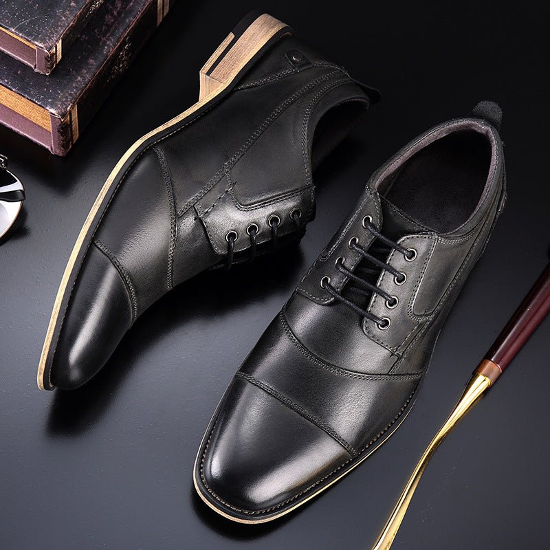 Chaussures décontractées en cuir à lacets — semelle en caoutchouc, noir / marron - IVOIRART.COM