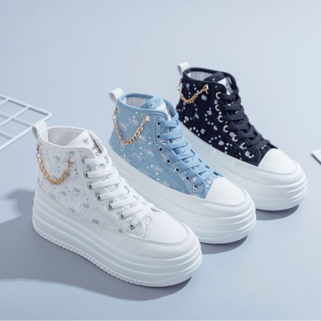 Chaussures décontractées pour femmes en jean avec lanière chaîne tendance - IVOIRART.COM